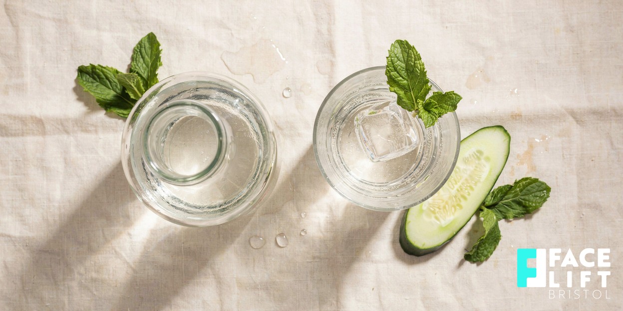 Overhead still life of a glass carafe of water and a halved cucumber on a pale linen surface in soft daylight, evoking hydration and rebalancing