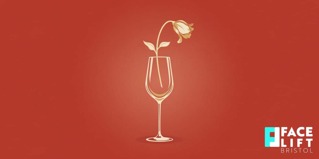 Flat-vector illustration of a wine glass gently wilting a stylised flower, symbolising alcohol's effect on skin vitality