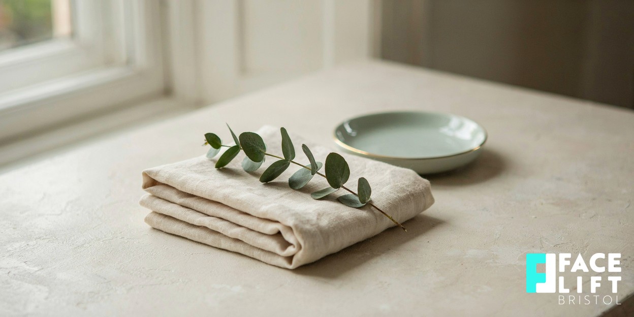 Calm still-life of a smooth folded linen cloth and a sprig of greenery in soft natural daylight, evoking a considered, unhurried approach to skin decisions
