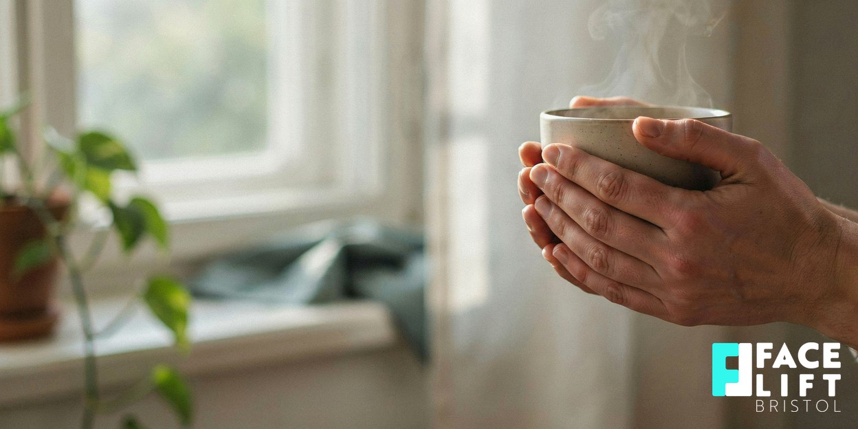 Close-up of a person’s hands cradling a warm cup by a bright window, a calm everyday moment suggesting reflection and considered self-care