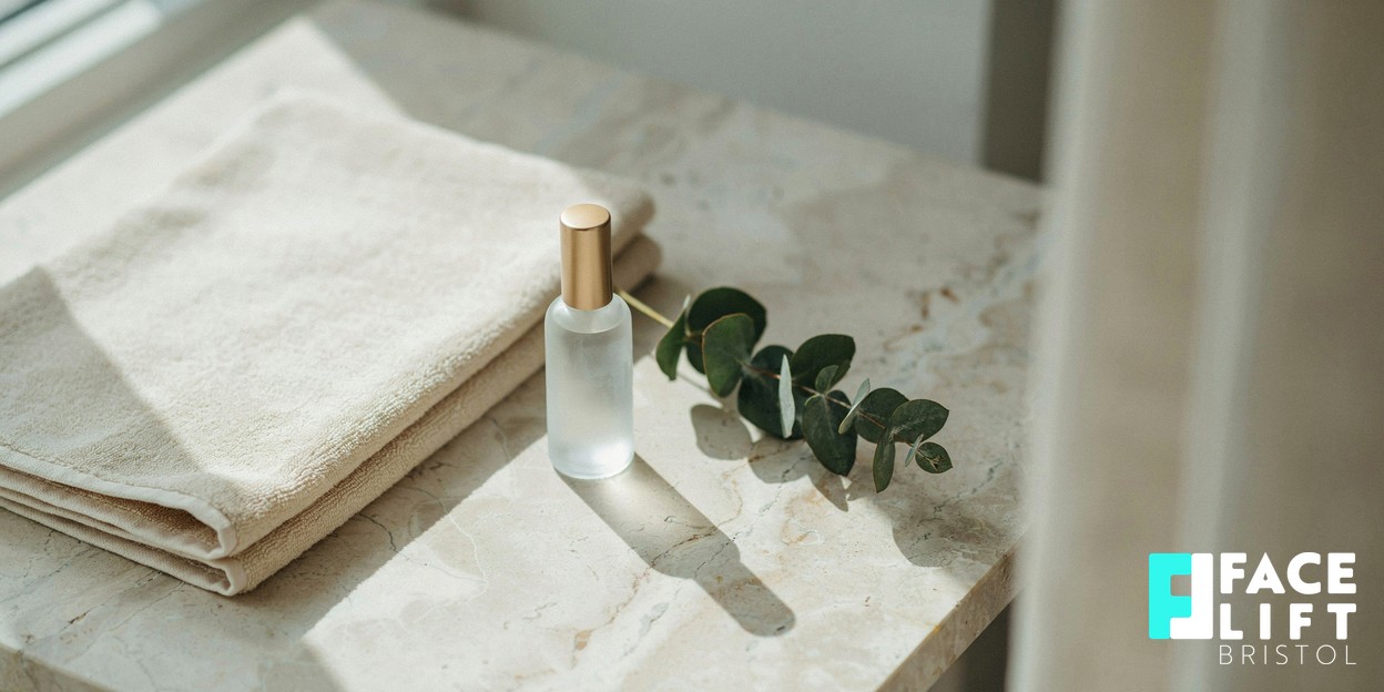 Photorealistic still life of a folded soft towel, a small unbranded glass bottle and a sprig of greenery on a pale stone surface in soft natural daylight, evoking calm pre-treatment research and recovery