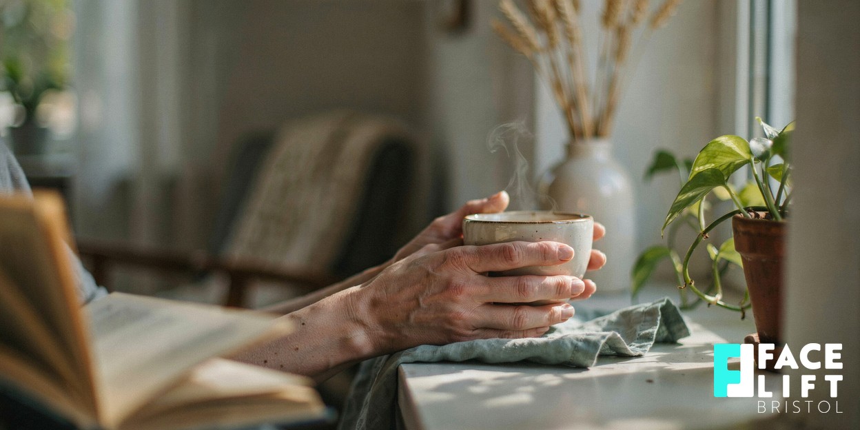 Photorealistic editorial photograph of a person’s hands resting calmly around a warm cup beside a window in soft natural daylight, conveying quiet rest and recovery