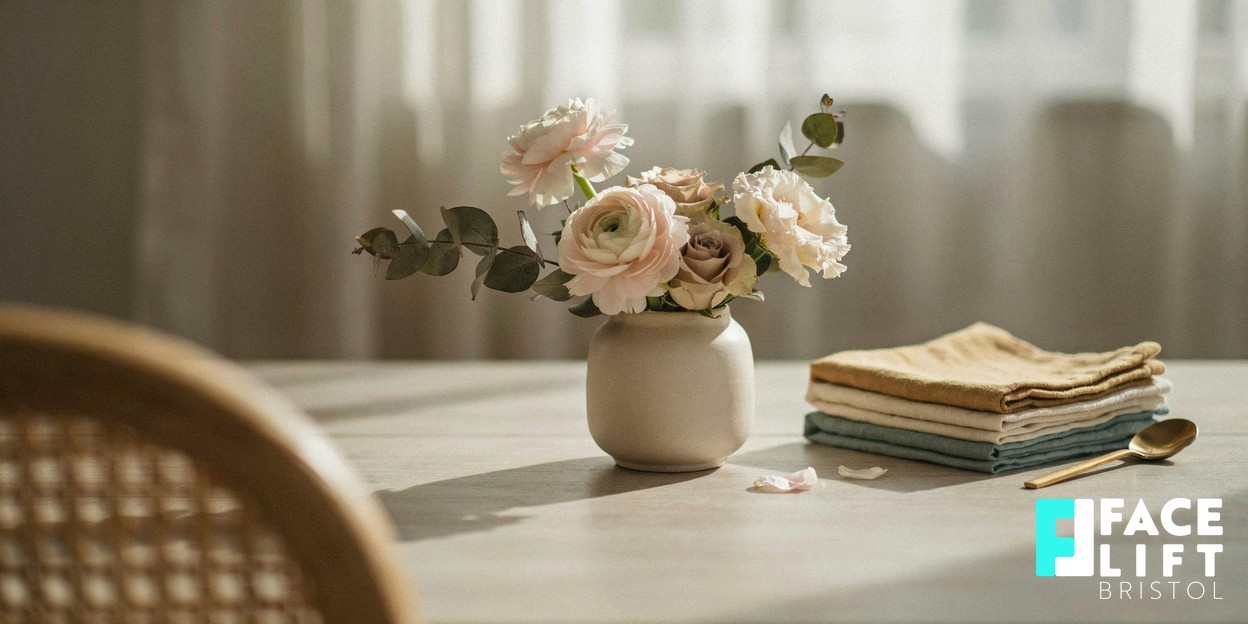 Calm still-life editorial photograph of a small vase of soft neutral flowers beside folded linen on a light surface in gentle daylight, evoking recovery, rest and quiet reassurance