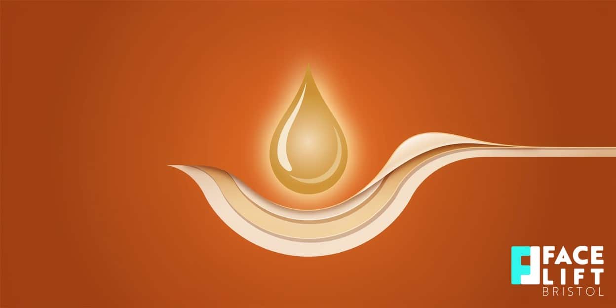 Flat-vector illustration of a single glossy droplet above softly layered curved surfaces, one edge gently lifting away, symbolising controlled skin resurfacing and renewal