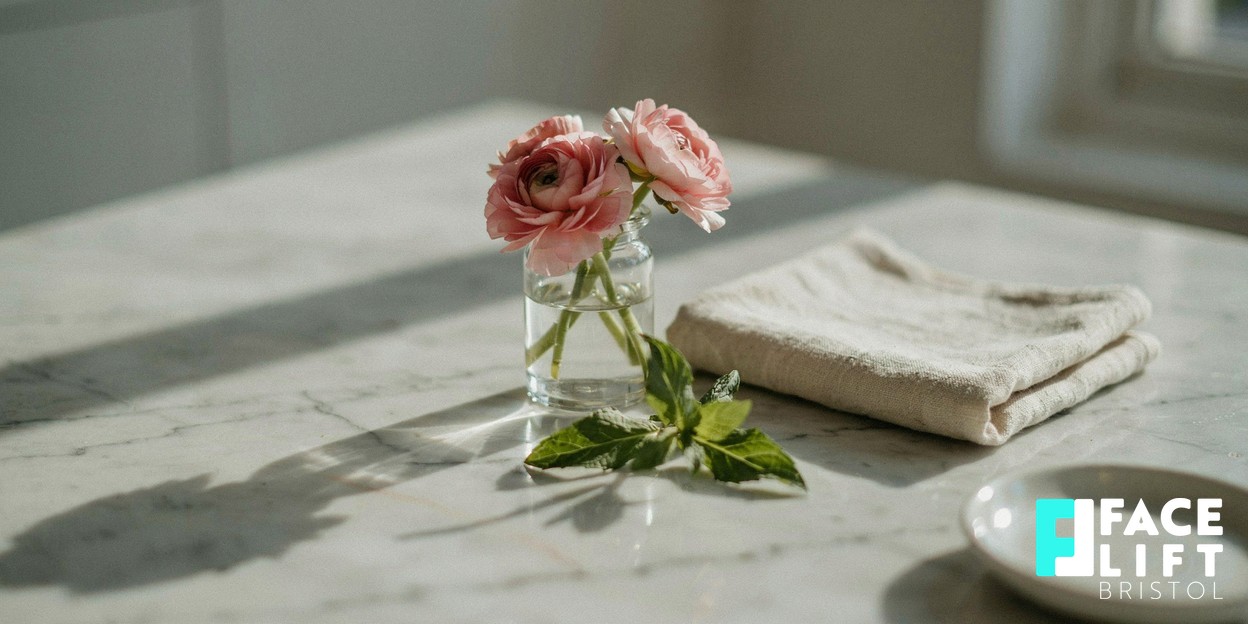 Bright calm modern clinic detail with a vase of soft pink ranunculus beside a folded linen towel on a pale surface in gentle daylight, conveying a premium reassuring setting