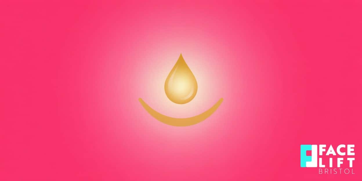 Flat-vector illustration of a single glowing gel droplet cradled above a stylised cheekbone contour, symbolising volume being restored to the face