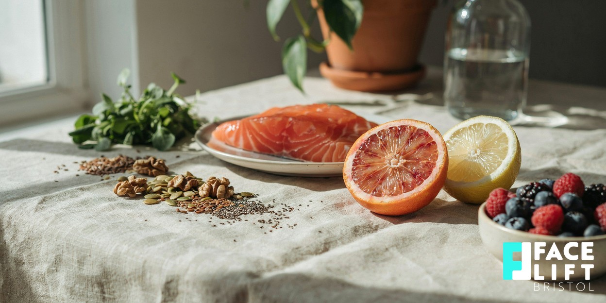 Still life of fresh whole foods including oily fish, leafy greens, citrus, nuts and berries arranged on a linen surface in soft daylight