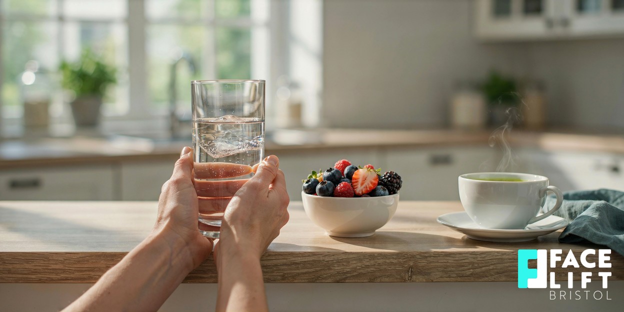 A person’s hands holding a glass of water beside a bowl of berries and green tea on a bright kitchen surface in natural light