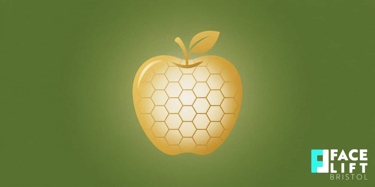Flat-vector illustration of a fresh apple with a glowing collagen-like lattice inside, symbolising diet supporting skin structure