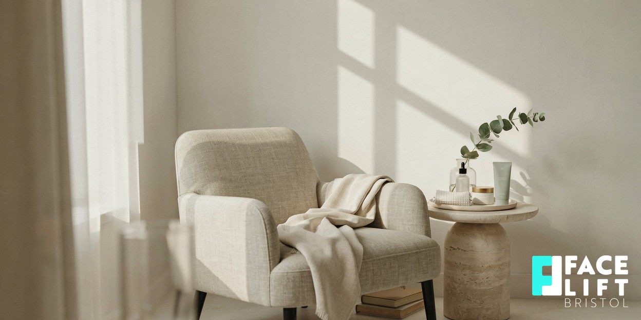 Calm modern aesthetic clinic consultation room with a soft daylight window, neutral linen chair and a small tray of skincare, evoking a premium unhurried treatment setting