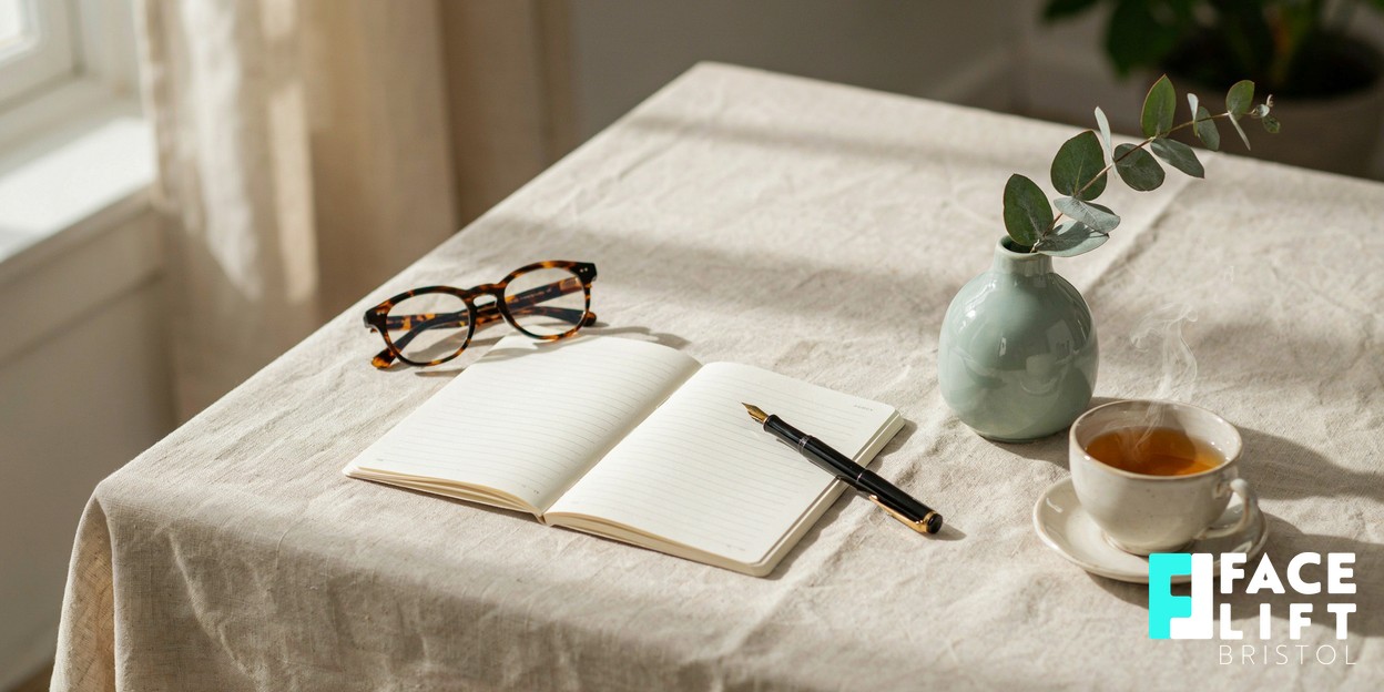 Calm still-life of a linen desk diary and a fountain pen beside a small vase in soft daylight, evoking careful planning of a treatment schedule