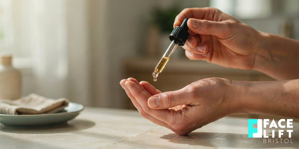 Soft-focus wellness scene of a person’s hands applying facial serum with a glass dropper in warm morning light, conveying a daily collagen-supportive skincare routine