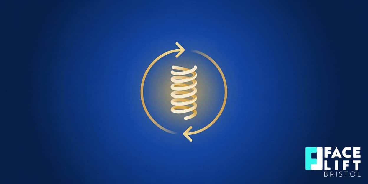 Flat-vector illustration of a calendar-cycle arrow looping around a stylised radiant collagen spring, symbolising ongoing HIFU maintenance over time