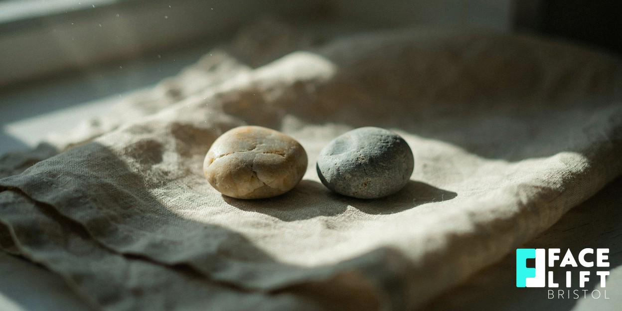 Photorealistic close-up of two smooth pebbles resting on soft linen in warm daylight, one warm-toned and one cool-toned, arranged with quiet balance to evoke two complementary approaches