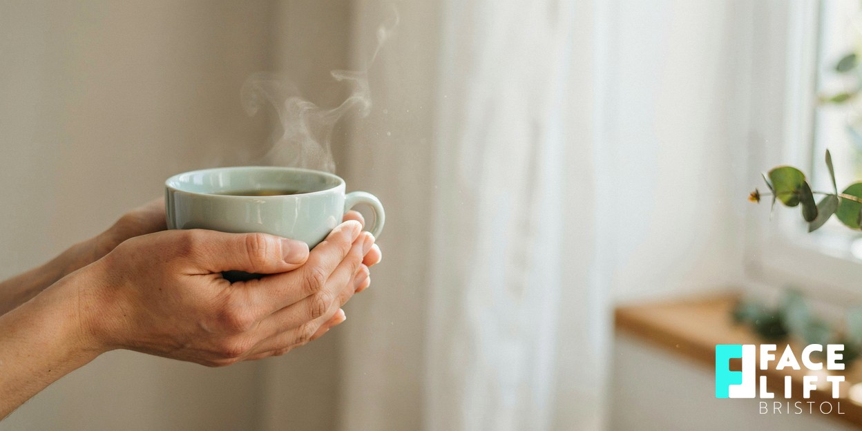 Photorealistic editorial photograph of a person’s hands cradling a warm cup by a bright window, calm morning light, soft neutral tones, conveying an unhurried moment of considered self-care