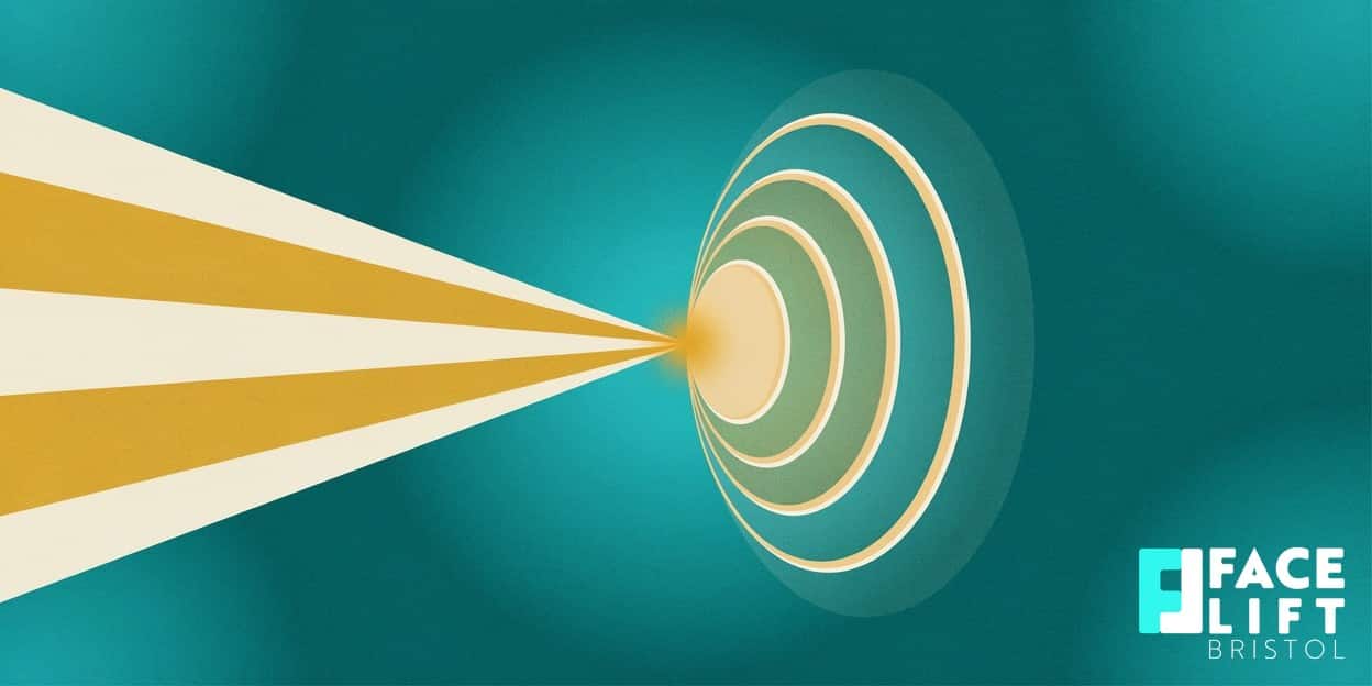 Flat-vector illustration of two contrasting energy symbols — a sharply focused beam and a broad warming glow — balanced on either side of a central point, symbolising HIFU versus radiofrequency