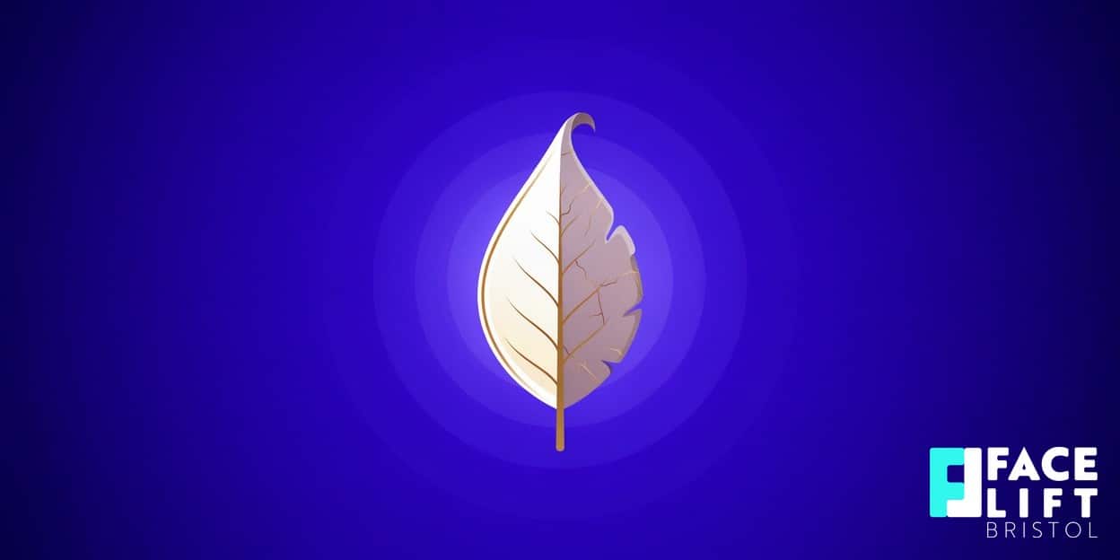 Flat-vector illustration of a single stylised leaf split down the middle into two contrasting halves, symbolising the two forces of skin ageing