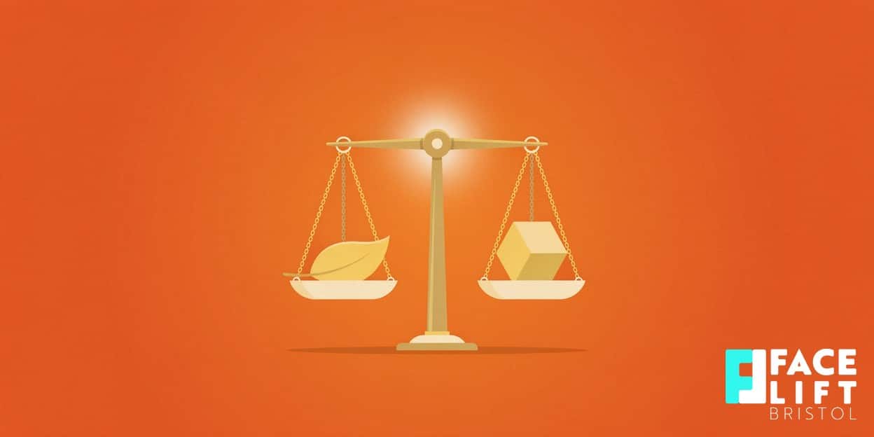 Flat-vector illustration of a balanced set of weighing scales with a leaf on one side and a geometric shape on the other, symbolising a considered choice