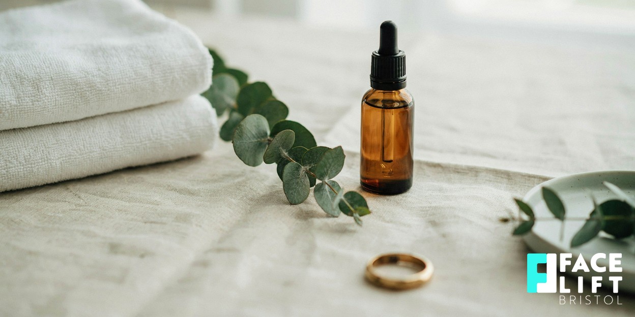 Calm still-life of a soft folded towel, a sprig of eucalyptus and an unbranded amber dropper bottle on a pale linen surface in warm daylight, evoking a serene pre-treatment clinic setting