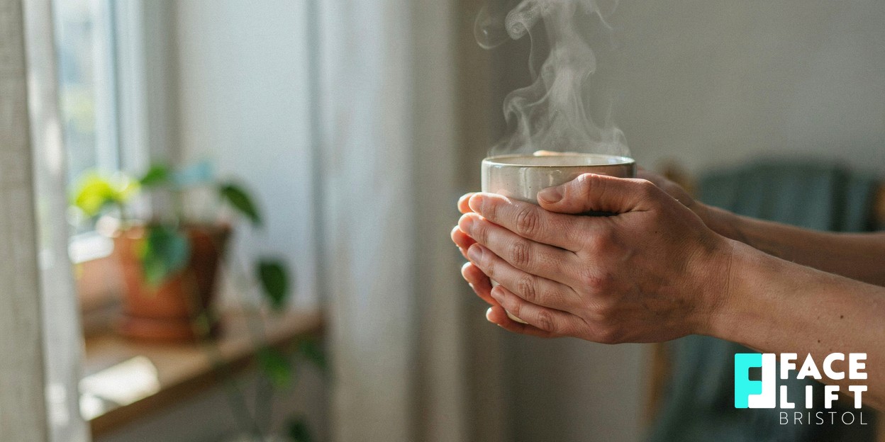 Close-up of a person’s hands gently cradling a warm cup by a bright window, calm and unhurried, suggesting quiet recovery and self-care at home