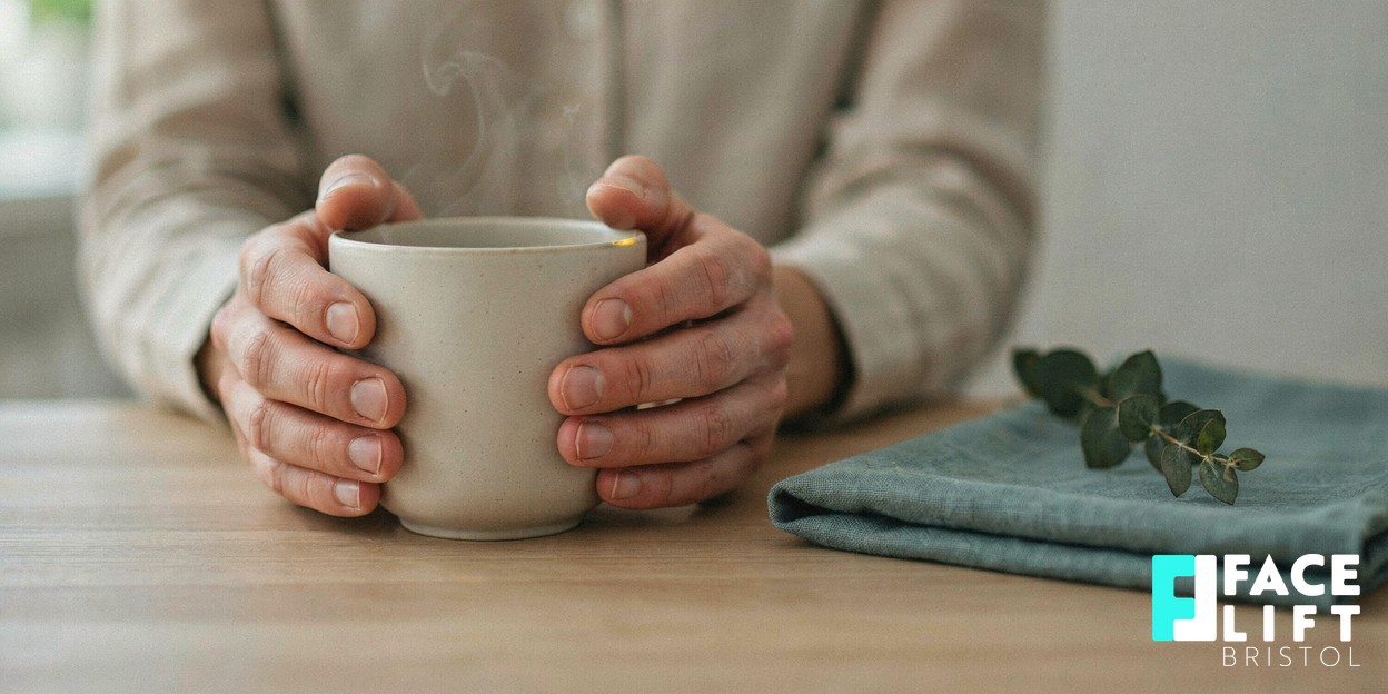 A pair of hands cradling a warm ceramic cup beside a folded soft towel in gentle morning light, evoking calm recovery and a considered, unhurried decision