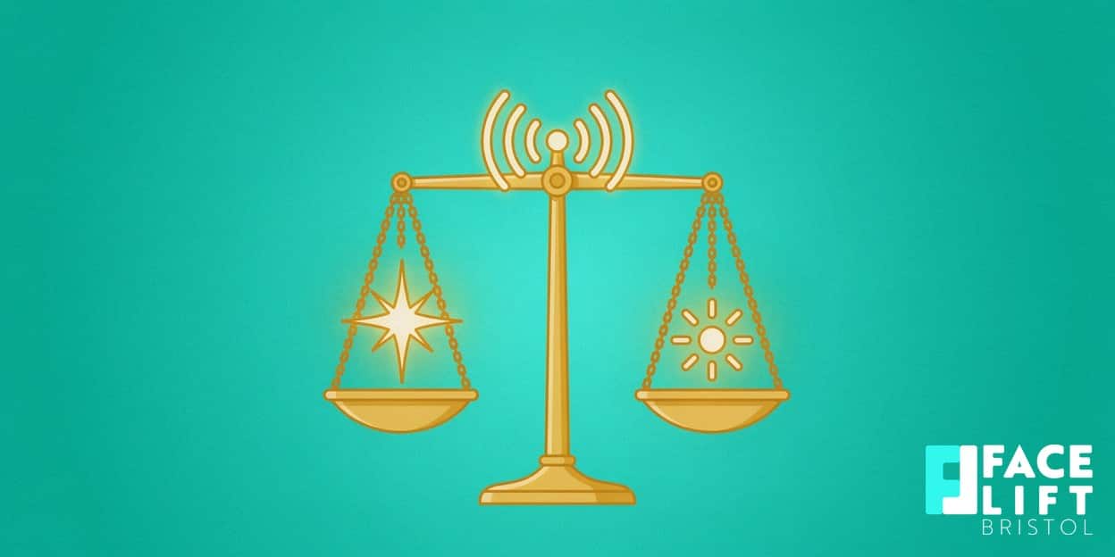 Flat-vector illustration of three symbolic energy motifs — a spark, a focused soundwave and a warm glow — balanced on a set of scales, symbolising a three-way comparison of skin-tightening treatments