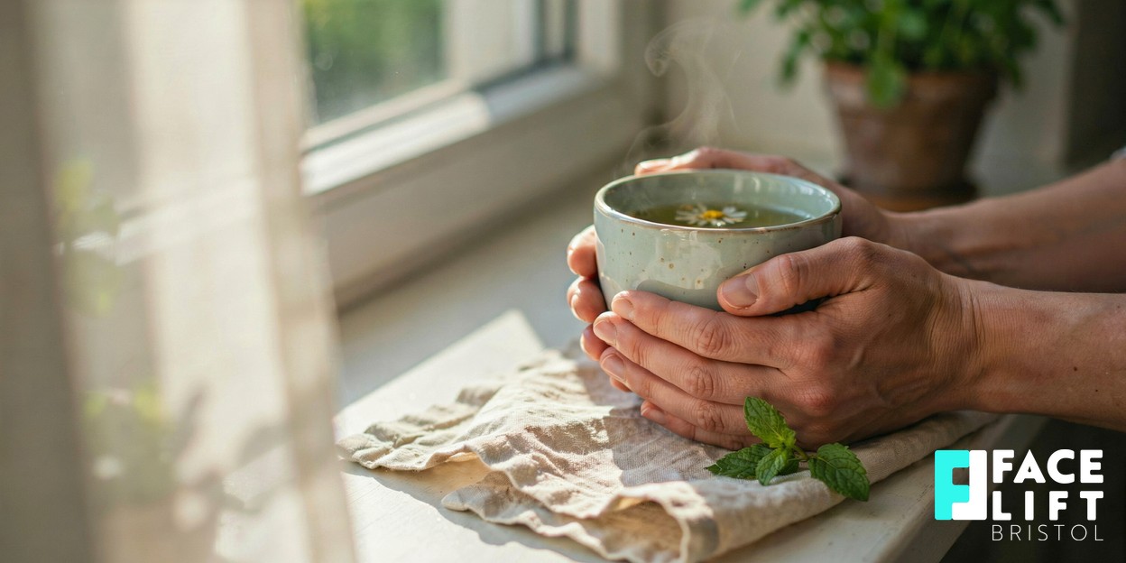 Photorealistic editorial photograph of a person’s hands cradling a warm cup by a bright window, calm morning light, soft neutral and mint tones, conveying gentle recovery and self-care