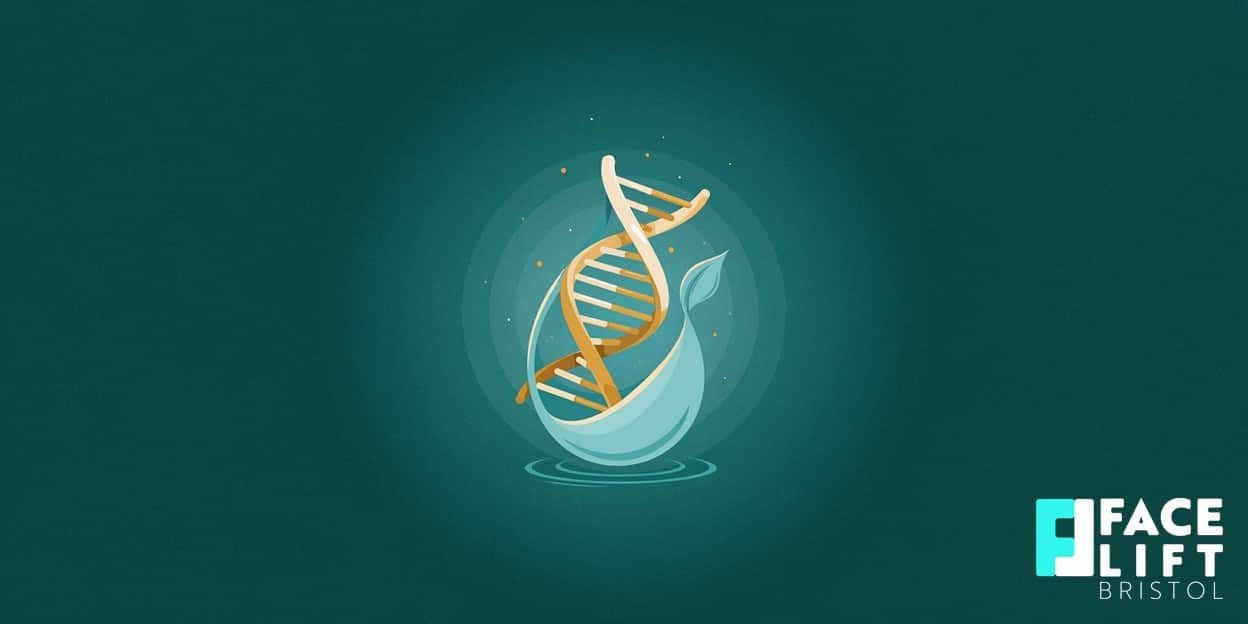 Flat-vector illustration of a stylised DNA double helix cradled within a leaf-like droplet on a deep teal background, symbolising regenerative salmon-derived skin repair