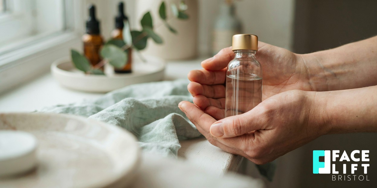 Close-up of a person’s hands cupping a small clear glass bottle of water in soft natural daylight, conveying calm hydration and skin wellness