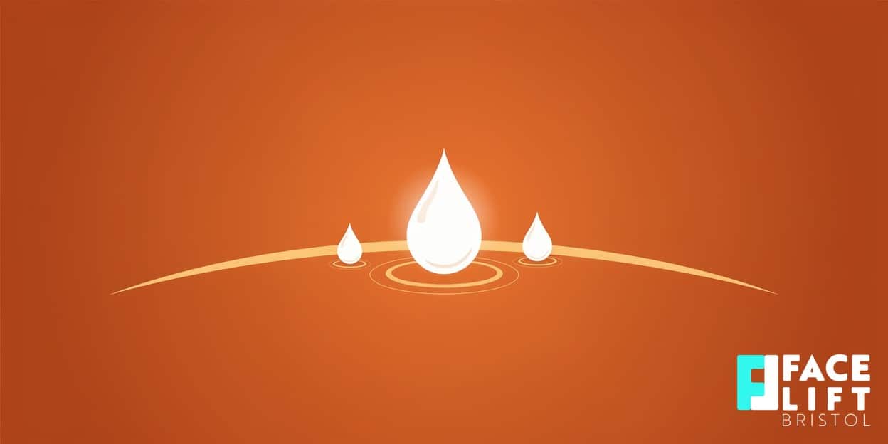 Flat-vector illustration of a single dewy water droplet spreading soft ripples across a smooth skin surface, symbolising injectable hydration and bio-remodelling