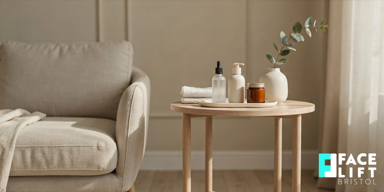 Calm modern aesthetic clinic detail with a neutral linen chair beside a soft-lit window and a small tray of unbranded skincare, evoking a premium unhurried treatment setting