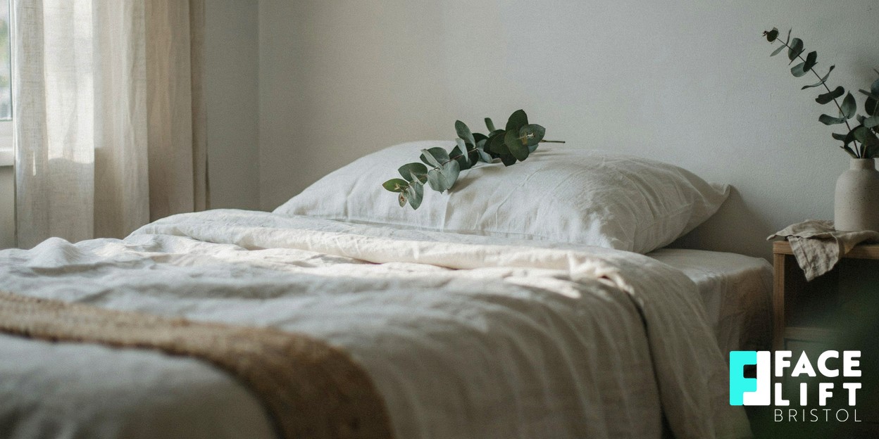 Softly lit bedroom detail with crisp white linen, a folded throw and morning daylight through sheer curtains, evoking calm restorative sleep