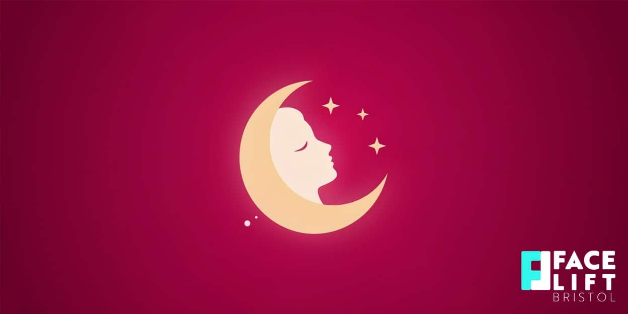Flat-vector illustration of a crescent moon cradling a serene face silhouette, symbolising restorative sleep and calm skin