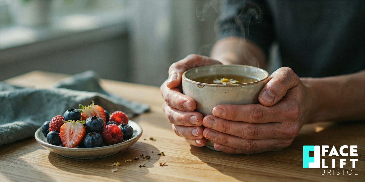 Photorealistic editorial close-up of a person’s hands cradling a warm cup of herbal tea beside a small bowl of fresh berries in soft natural light, conveying a calm, healthy lifestyle reset