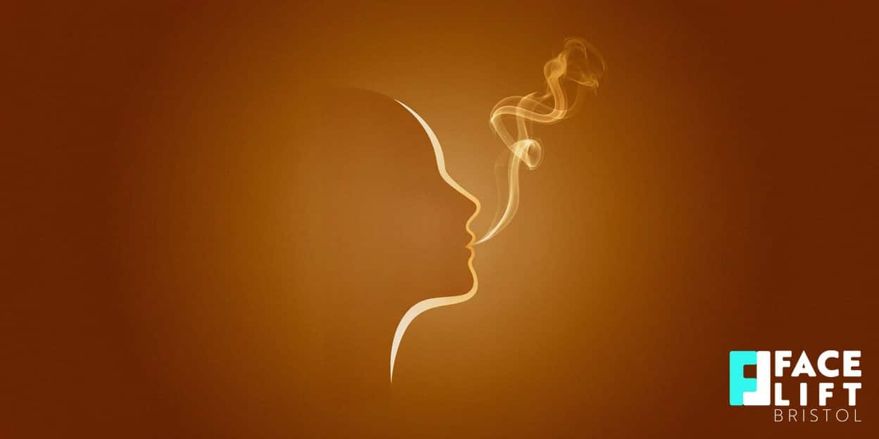 Flat-vector illustration of a wisp of cigarette smoke curling across a stylised profile, symbolising smoking's effect on facial ageing