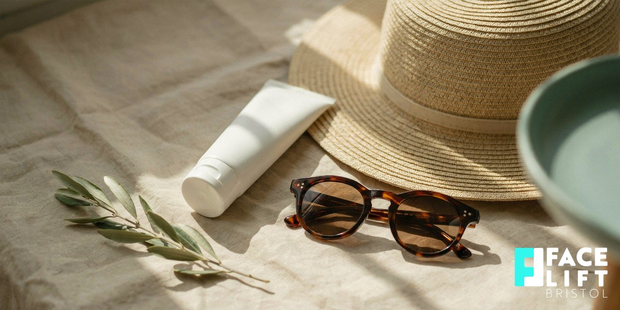 Still life of an unbranded white sunscreen tube, a wide-brimmed straw hat and sunglasses resting on warm linen in soft daylight, evoking calm everyday sun protection