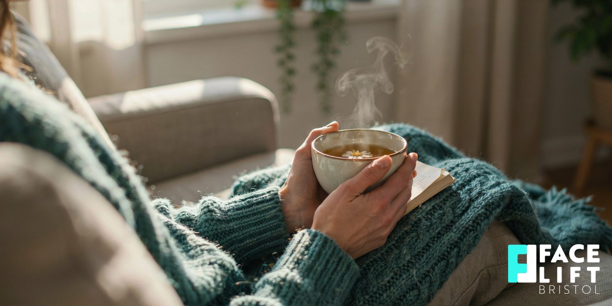 A close-up of a person’s hands holding a warm cup of herbal tea beside a soft folded blanket in gentle daylight, evoking rest and calm recovery at home