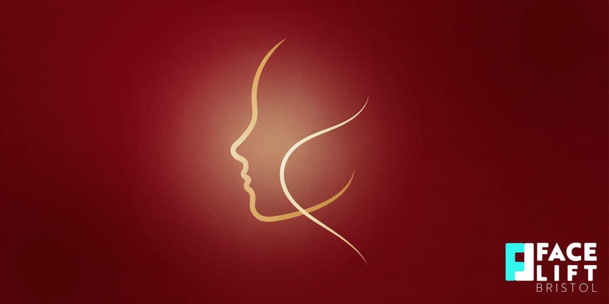 Flat-vector illustration of a stylised lifted curved line rising over a soft anatomical face silhouette, symbolising surgical facial rejuvenation