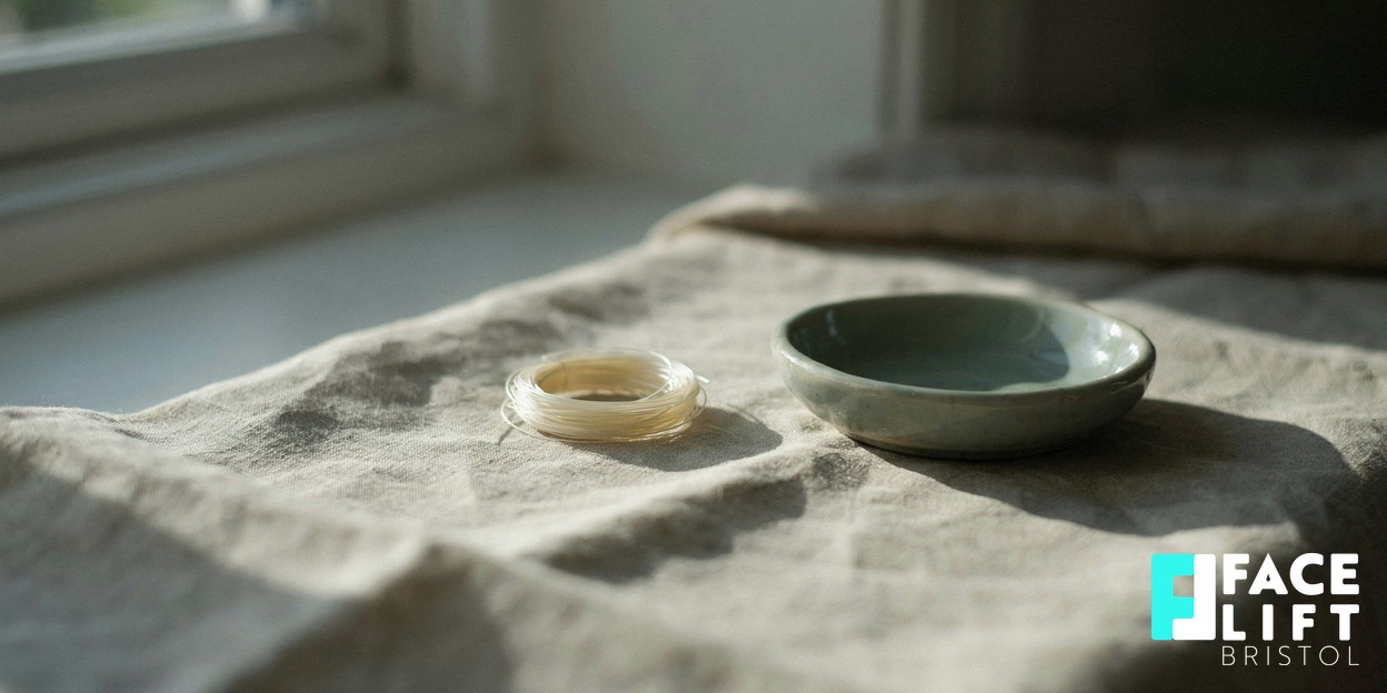 Calm still-life of a coil of fine surgical suture thread resting on soft folded neutral linen in warm daylight, evoking a precise clinical craft