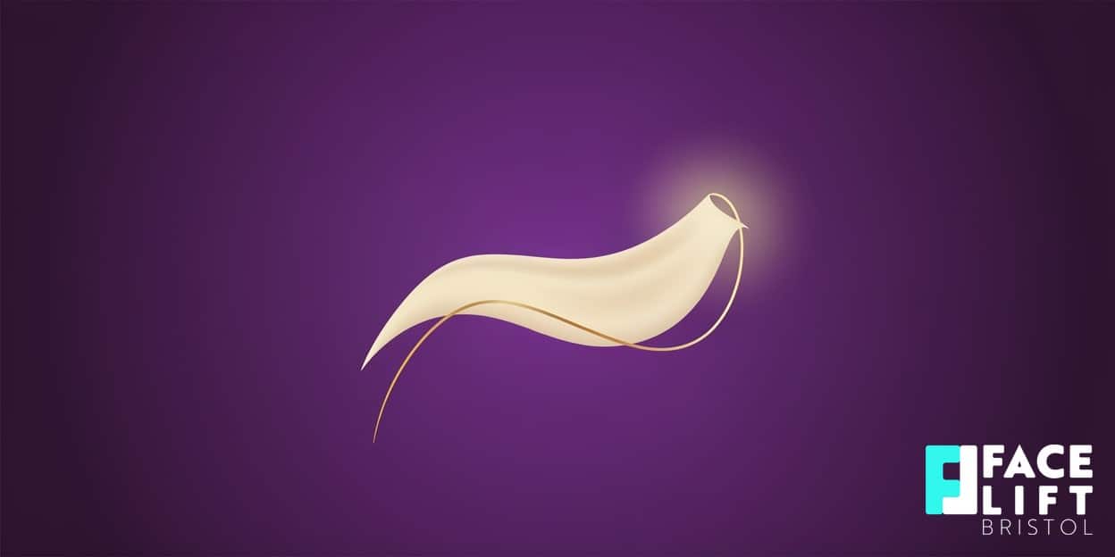 Flat-vector illustration of a fine curved thread gently lifting a soft draped fabric fold, symbolising a non-surgical thread lift